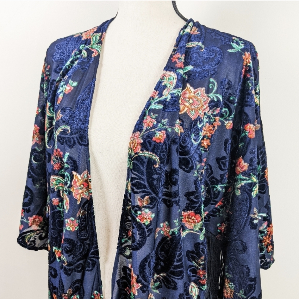 Fringed Velvet Burnout Floral Kimono - Picture 2 of 6